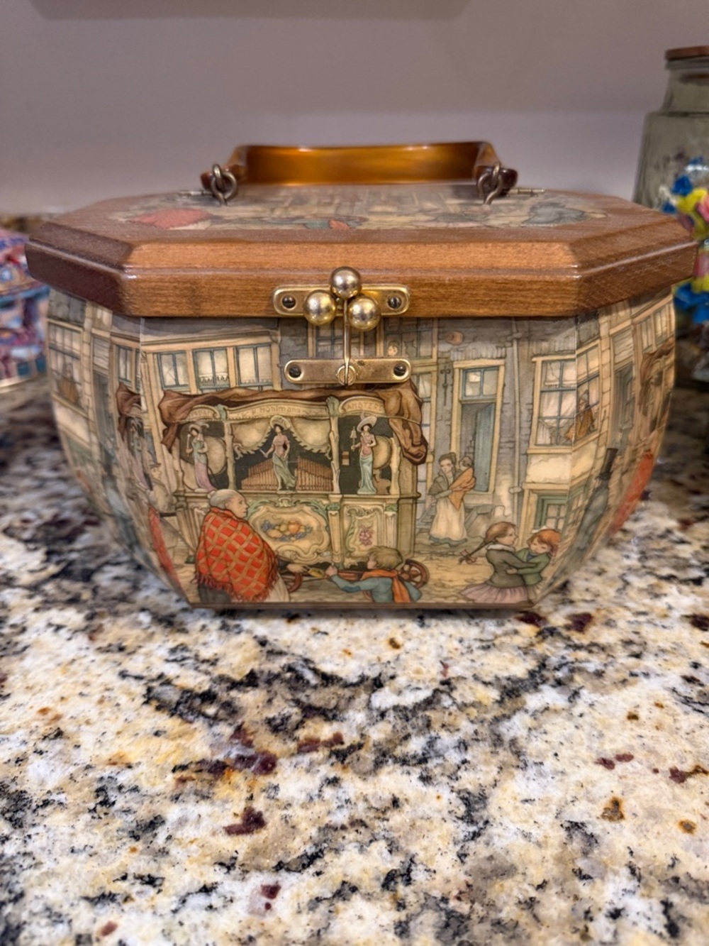 Vintage Hand-Painted Octagonal Wooden Keepsake Box in Warm Brown Tones